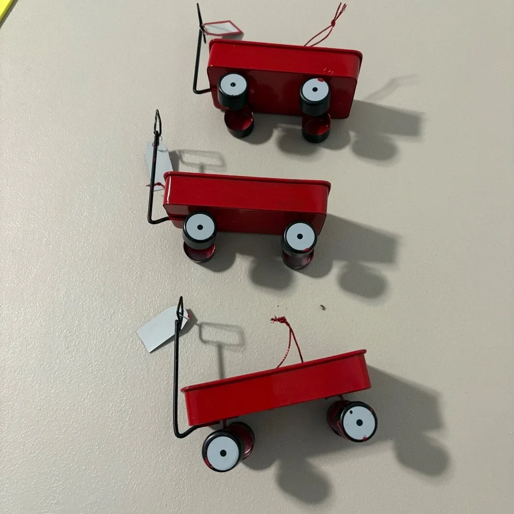 Set of 3 Miniature Red Metal‎ Merry Christmas Wagons Holiday Decor Ornaments